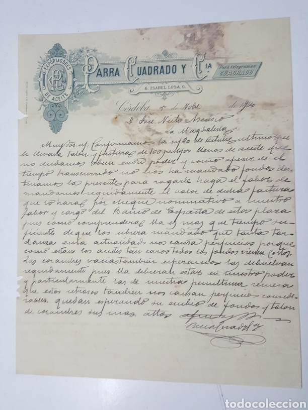 Commercial Letters: Carta Exportadores de aceite Parra Cuadrado y Cia - Cordoba 5 noviembre 1920