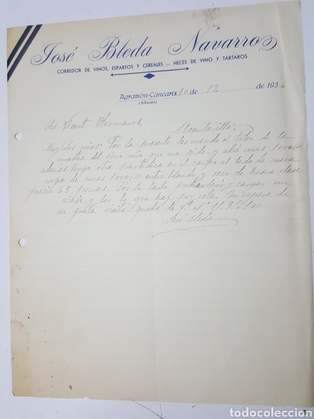 Commercial Letters: Carta corredor de vinos Jose Bleda Navarro - Agramon Cancarix 10 diciembre 1936