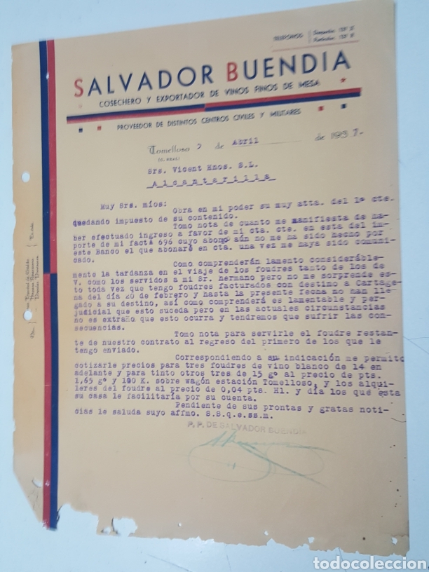 Commercial Letters: Carta Cosechero Vinos Salvador Buendia - Tomelloso Ciudad Real 5 abril 1937