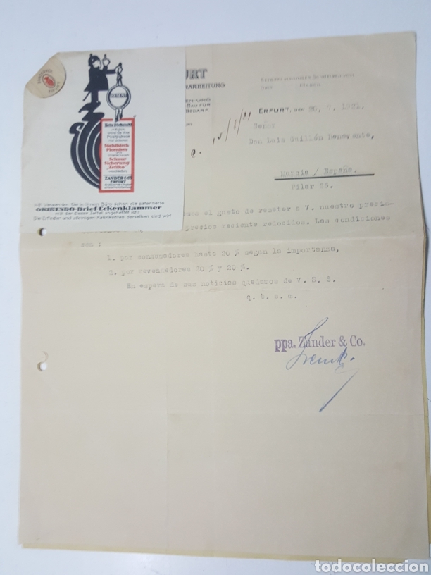 Commercial Letters: Oferta comisiones empresa alemana Zander and Co. Erfurt 20 julio 1921 Murcia