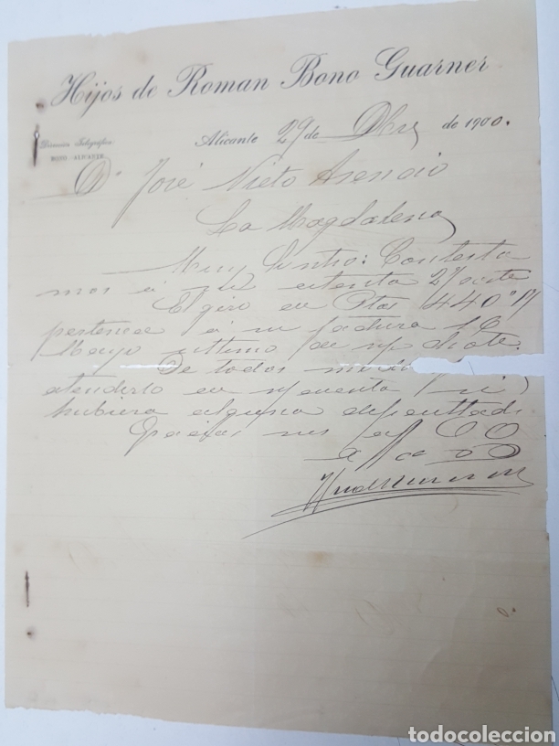 Lettres commerciales: Carta de pago Fabrica de chocolates Hijos de Roman Bono Guarner - Alicante 29 diciembre 1900