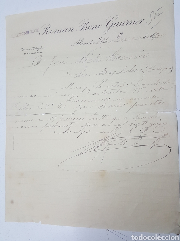 Lettres commerciales: Carta de pago Fabrica chocolate Hijos de Roman Bono Guarner - Alicante 10 marzo 1900