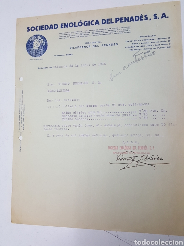 Lettres commerciales: Carta Sociedad Enologica del Pened&eacute;s sucursal de Valencia 22 abril 1936
