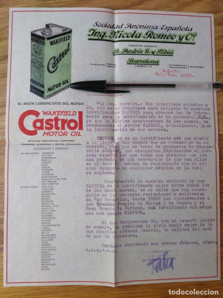 Lettres commerciales: Carta comercial Wakefield Castrol Motor Oil 1926 aceite de motor
