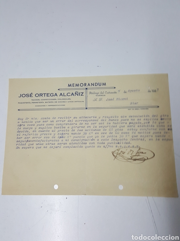 Lettres commerciales: Carta sobre devolucion de giro Coloniales Jos&eacute; Ortega Alca&ntilde;iz - Atalaya del Ca&ntilde;avate 9 agosto 1935