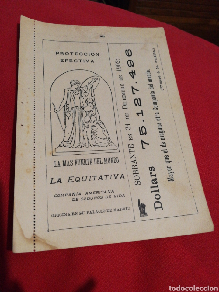 Lettres commerciales: A&Ntilde;O 1902,PUBLICIDAD SEGUROS LA EQUITATIVA EN CARTONE 18 CM X 12.5 CM