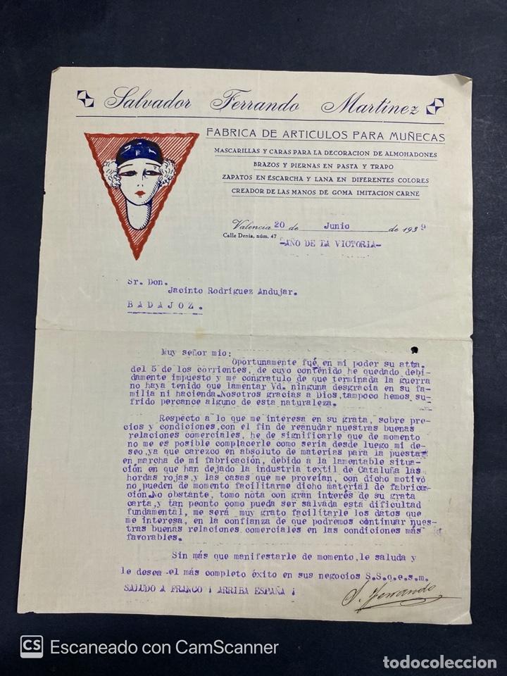 Lettres commerciales: CARTA COMERCIAL. FABRICA DE ARTICULOS PARA MU&Ntilde;ECAS. SALVADOR FERRANDO MARTINEZ. VALENCIA, 1939.