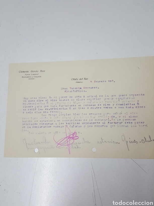 Lettres commerciales: Carta Agente vinos Clemente Garcia Ros Olula del Rio Almeria 7 febrero 1937