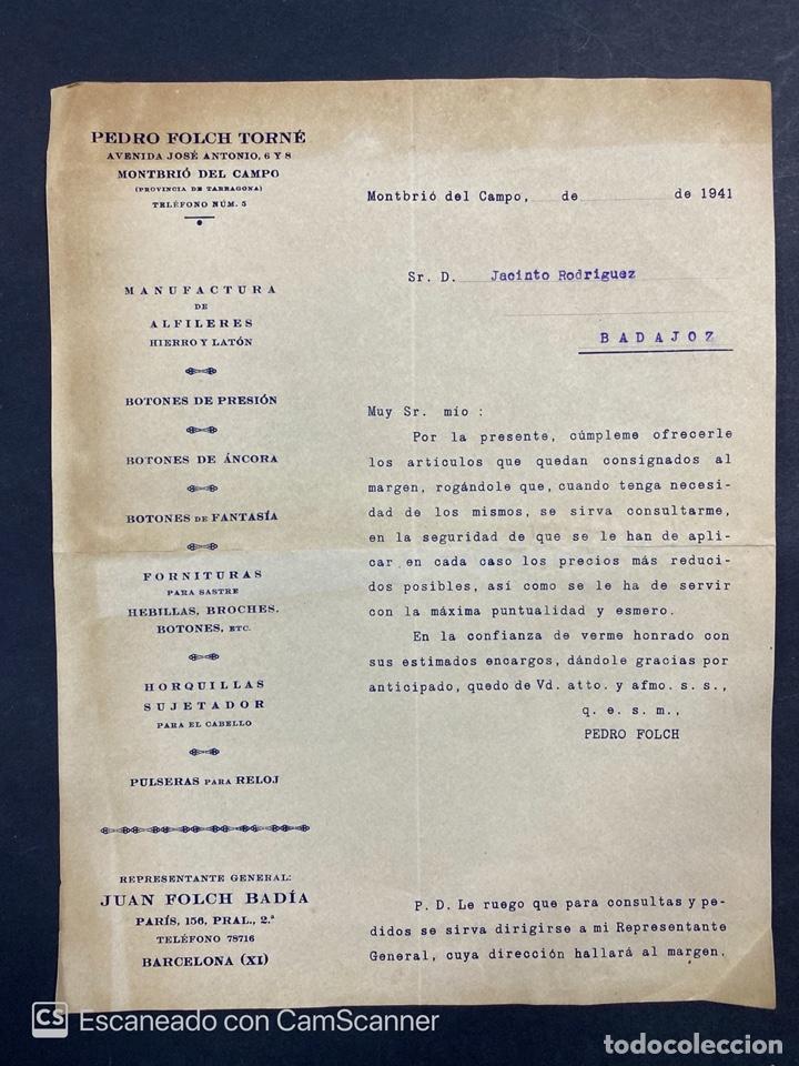 Lettres commerciales: CIRCULAR. PEDRO FOLCH TORN&Eacute;. MONTBRIO DEL CAMPO-BARCELONA, 1941. PARA JACINTO RODRIGUEZ.