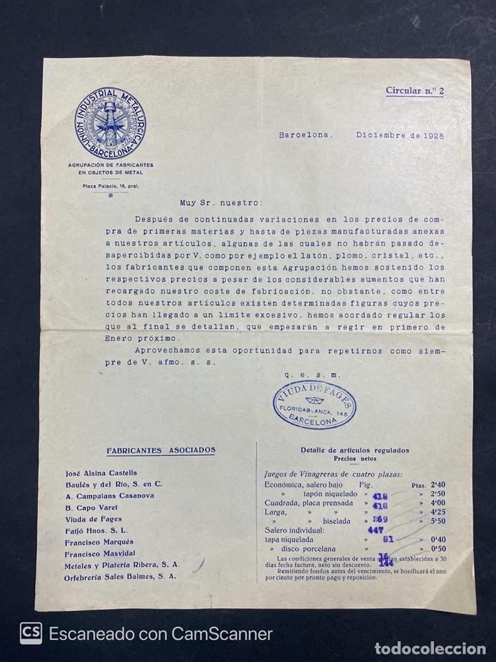 Lettres commerciales: CIRCULAR. UNION INDUSTRIAL METALURGICA. VIUDA DE FAGES. BARCELONA, 1928.