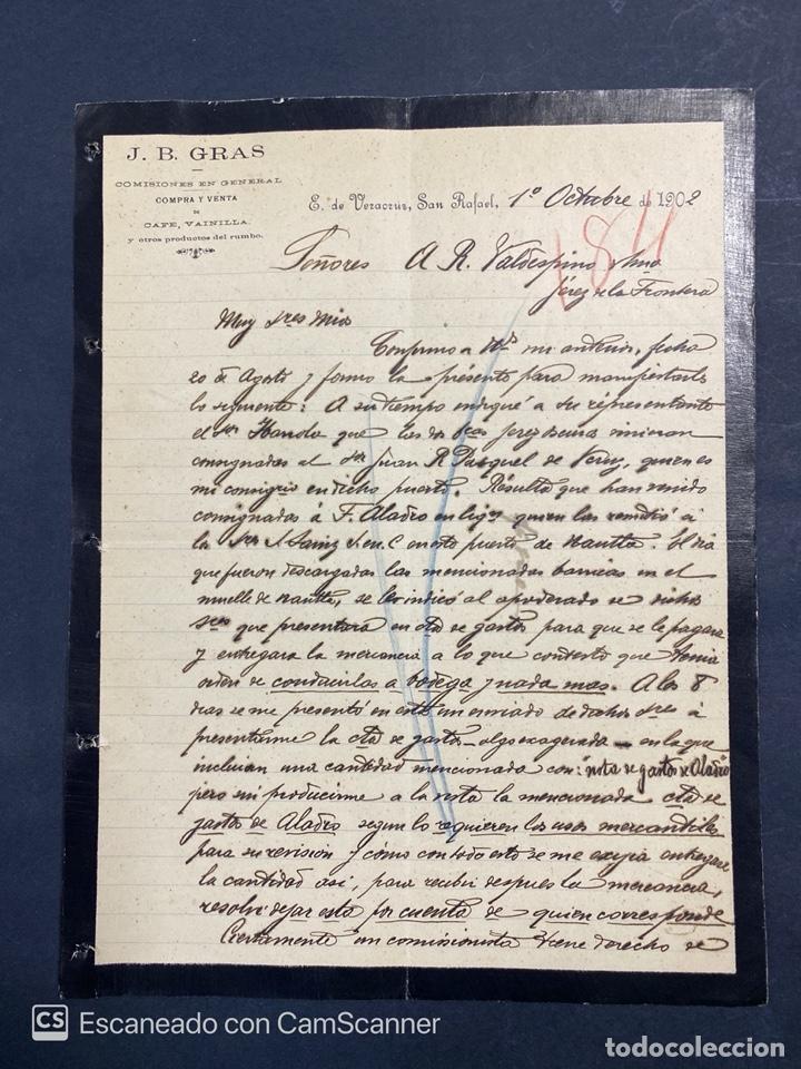 Lettres commerciales: CARTA COMERCIAL. J.B. GRAS. E. DE VERAZCRUZ. SAN RAFAEL. MEXICO. DIRIGIDA A R. VALDESPINO & HNO. VER