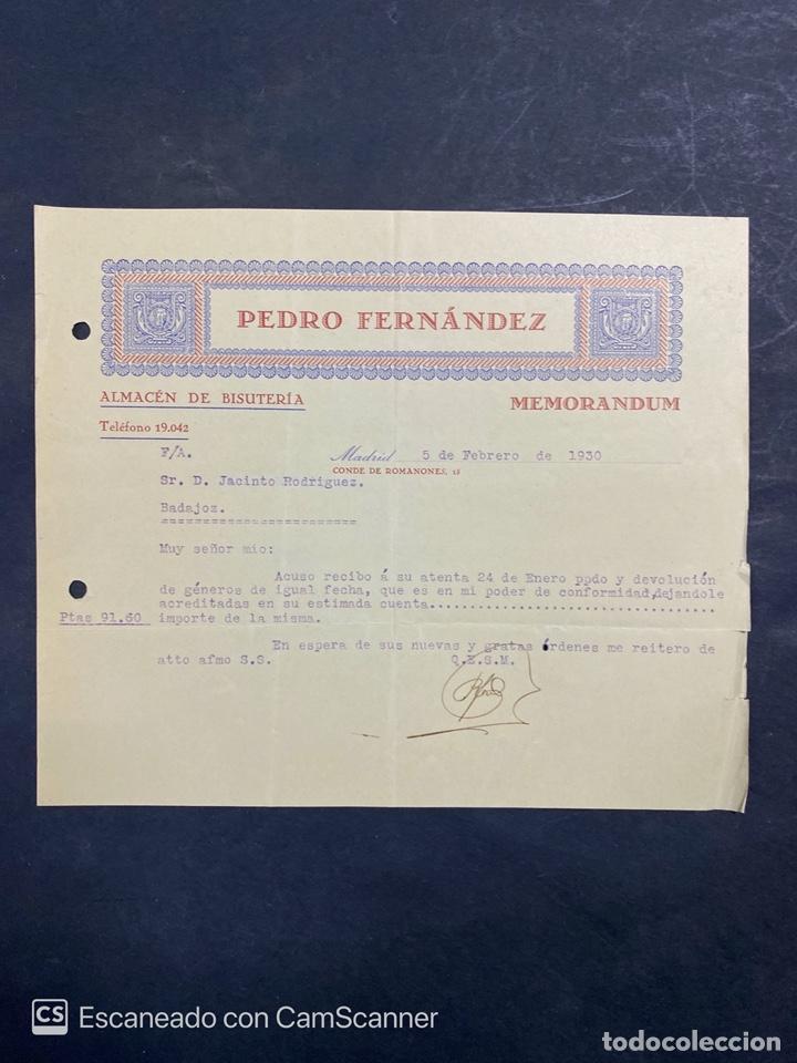 Lettres commerciales: MEMORANDUM. PEDRO FERNANDEZ. ALMACEN DE BISUTERIA. MADRID, 1930. DIRIGIDO A JACINTO RODRIGUEZ