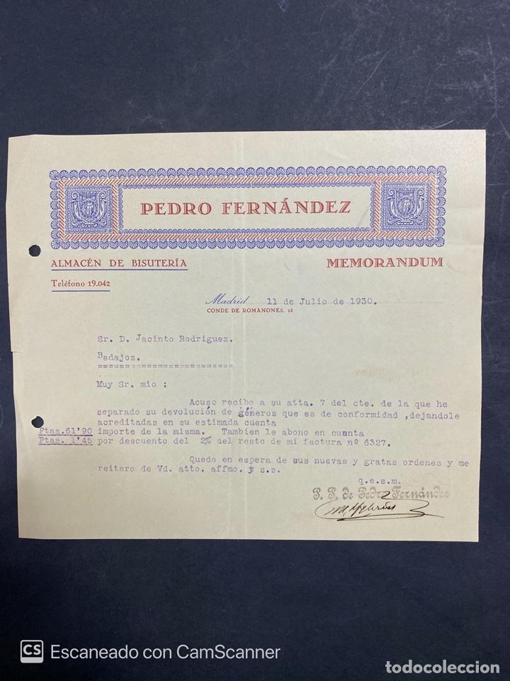 Lettres commerciales: MEMORANDUM. PEDRO FERNANDEZ. ALMACEN DE BISUTERIA. MADRID, 1930. DIRIGIDO A JACINTO RODRIGUEZ