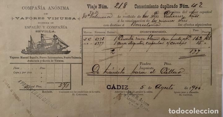 Lettres commerciales: CONOCIMIENTO DE EMBARQUE. MERCANCIA DE VINO. VAPORES VINUESA. 1900. TR&Aacute;NSITO PARA CALLAO.