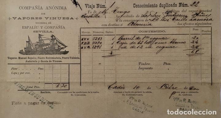 Cartas comerciales: CONOCIMIENTO DE EMBARQUE. MERCANCIA DE VINO. VAPORES. 1900. TR&Aacute;NSITO PARA ALMERIA.