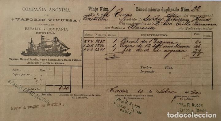 Lettres commerciales: CONOCIMIENTO DE EMBARQUE. MERCANCIA DE VINO. VAPORES. 1900. TR&Aacute;NSITO PARA ALMERIA.