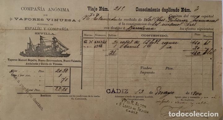 Lettres commerciales: CONOCIMIENTO DE EMBARQUE. MERCANCIA DE VINO. VAPORES. 1900. TR&Aacute;NSITO PARA BARCELONA.