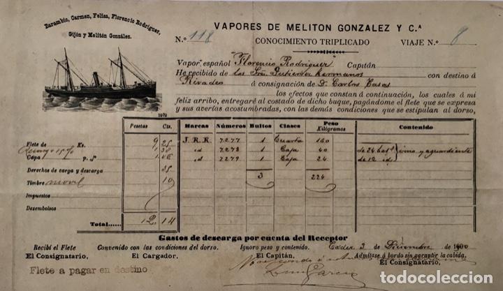 Lettres commerciales: CONOCIMIENTO DE EMBARQUE. MERCANCIA DE VINO. VAPORES MELIT&Oacute;N 1900. TR&Aacute;NSITO PARA RIVADEO.