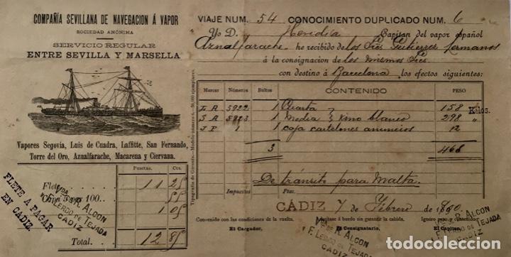 Lettres commerciales: CONOCIMIENTO DE EMBARQUE. MERCANCIA DE VINO. VAPORES CIA. SEVILLANA.1900. TR&Aacute;NSITO PARA BARCELONA.