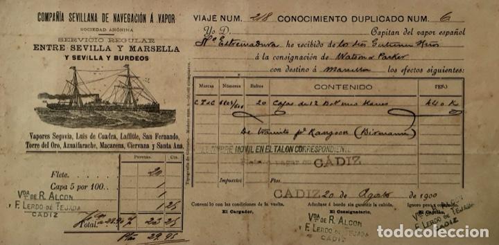 Lettres commerciales: CONOCIMIENTO DE EMBARQUE. MERCANCIA DE VINO. VAPORES CIA. SEVILLANA.1900. TR&Aacute;NSITO PARA MARSELLA.
