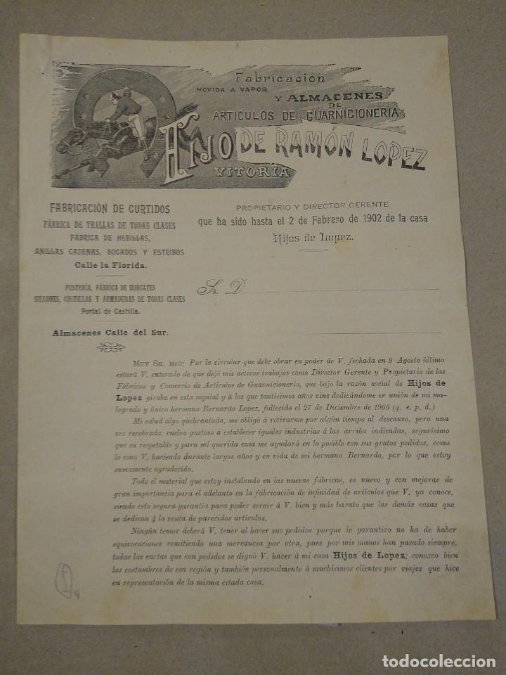 Lettres commerciales: Hijos de Ramon. L&oacute;pez . Vitoria. Fabrica Curtidos. Art&iacute;culos guarnicioner&iacute;a. 1903.