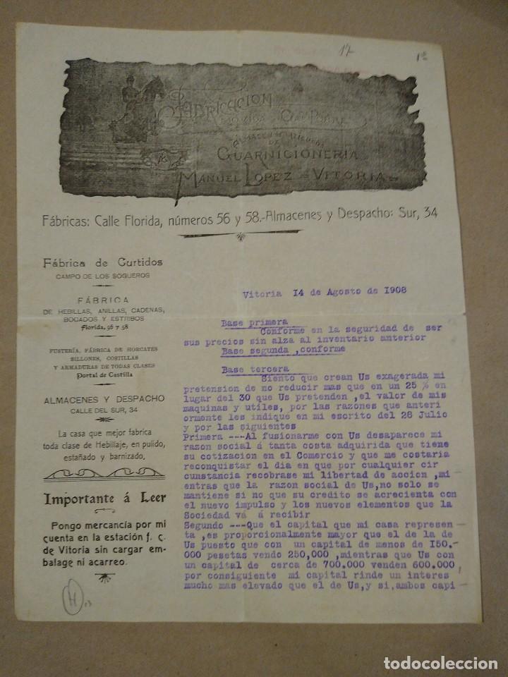 Lettres commerciales: Fabricaci&oacute;n de Guarnicioneroa. Manuel L&oacute;pez. Vitoria. 1908