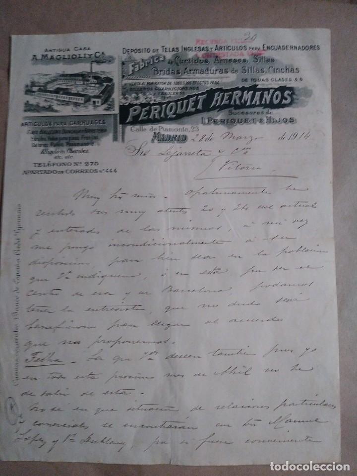 Lettere commerciali: PERIQUET HERMANOS. MADRID. ANTIGUA CASA A MAGLIOLI Y CIA ART&Iacute;CULOS PARA CARRUAJES. FIRMA PROPIETARIO