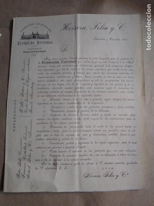 Lettres commerciales: Agentes oficiales de la Exposici&oacute;n Unisersal. Herrera, Feliu y cia. 1887 Barcelona.