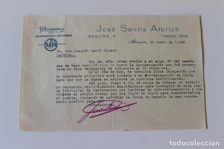 Lettres commerciales: LUBRICANTES PARA AUTOMOVILES E INDUSTRIAS, JOSE SENTIS ALBRICH ALICANTE 1942