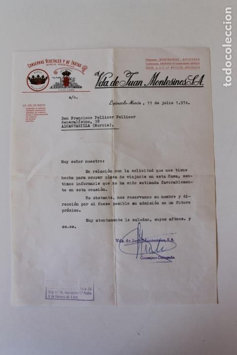 Lettres commerciales: CONSERVAS VEGETALES Y DE FRUTAS,VDA. DE JUAN MONTESINOS, ESPINARDO 1974