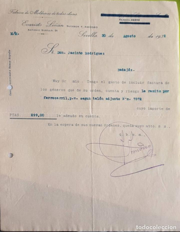 Cartas comerciais: Carta comercial. Evaristo Li&ntilde;&aacute;n. F&aacute;brica de molduras. Sevilla. Espa&ntilde;a 1932
