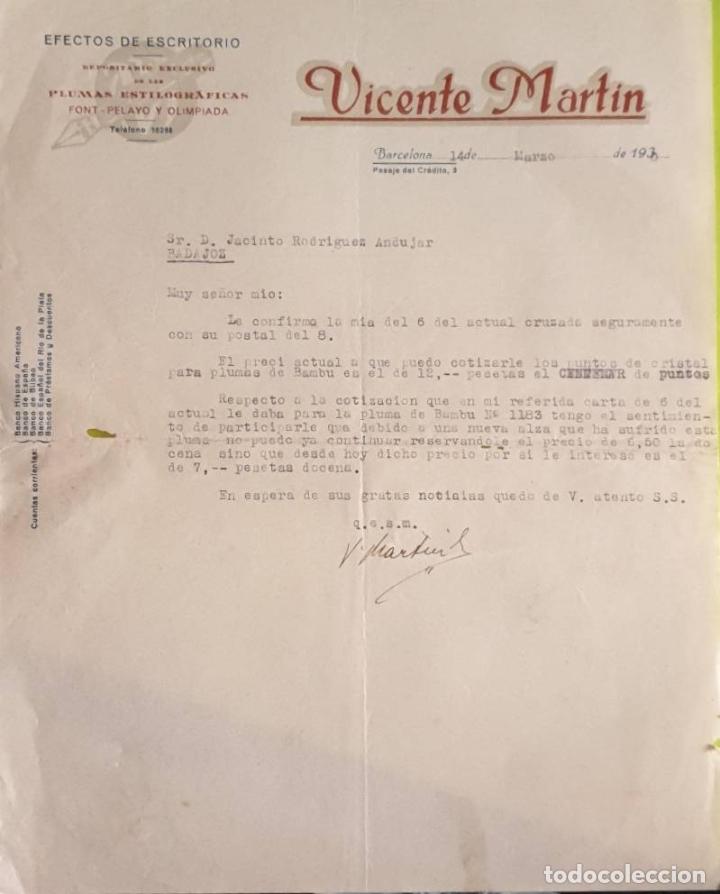 Cartas comerciales: Carta comercial. Vicente Mart&iacute;n. Efectos de escritorio. Barcelona. Espa&ntilde;a 1930