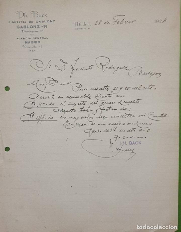 Gesch&auml;ftsbriefe: Carta comercial. Ph. Back. Bisuter&iacute;a de Gablonz. Madrid 1924