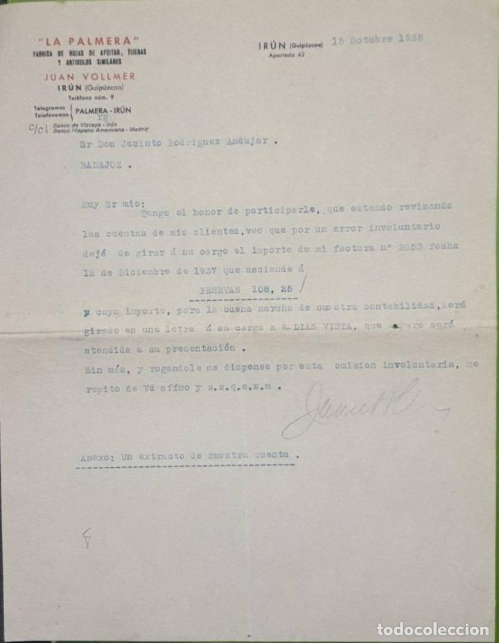 Gesch&auml;ftsbriefe: Carta comercial. Juan Vollmer. La Palmera. F&aacute;brica de hojas de afeitar y tijeras. Ir&uacute;n. Espa&ntilde;a 1938