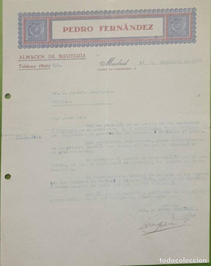 Gesch&auml;ftsbriefe: Carta comercial. Pedro Fern&aacute;ndez. Almac&eacute;n de bisuter&iacute;a. Madrid. Espa&ntilde;a 1930