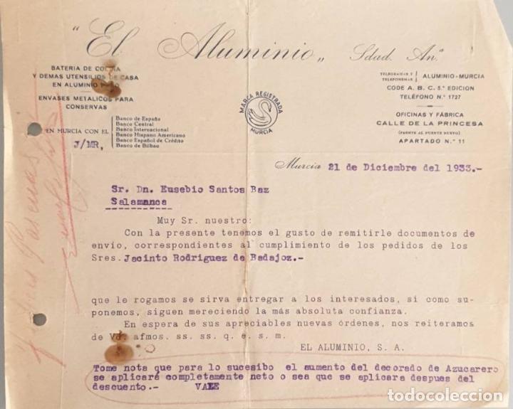 Gesch&auml;ftsbriefe: Carta comercial. El Aluminio. Sdad. An. Utensilios de la casa. Murcia. Espa&ntilde;a 1933