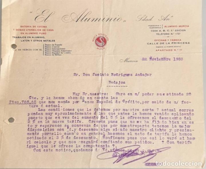 Gesch&auml;ftsbriefe: Carta comercial. El Aluminio. Sdad. An. Utensilios de la casa. Murcia. Espa&ntilde;a 1933