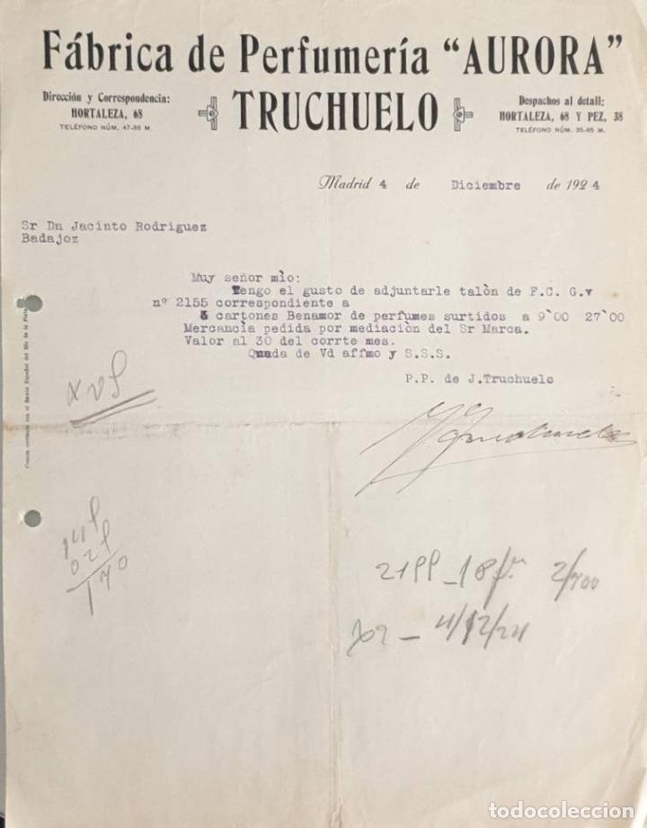 Cartas comerciales: Carta comercial. F&aacute;brica de perfumer&iacute;a Aurora. Truchuelo. Madrid. Espa&ntilde;a 1924