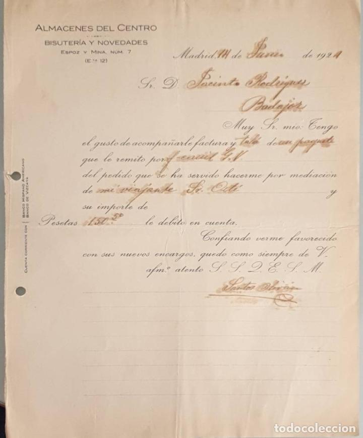 Cartas comerciales: Carta comercial. Almacenes del Centro. Bisuter&iacute;a y Novedades. Madrid. Espa&ntilde;a 1924