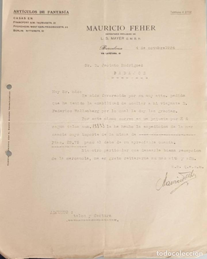 Cartas comerciales: Carta comercial. Mauricio Feher. Art&iacute;culos de fantas&iacute;a. Barcelona. Espa&ntilde;a 1924
