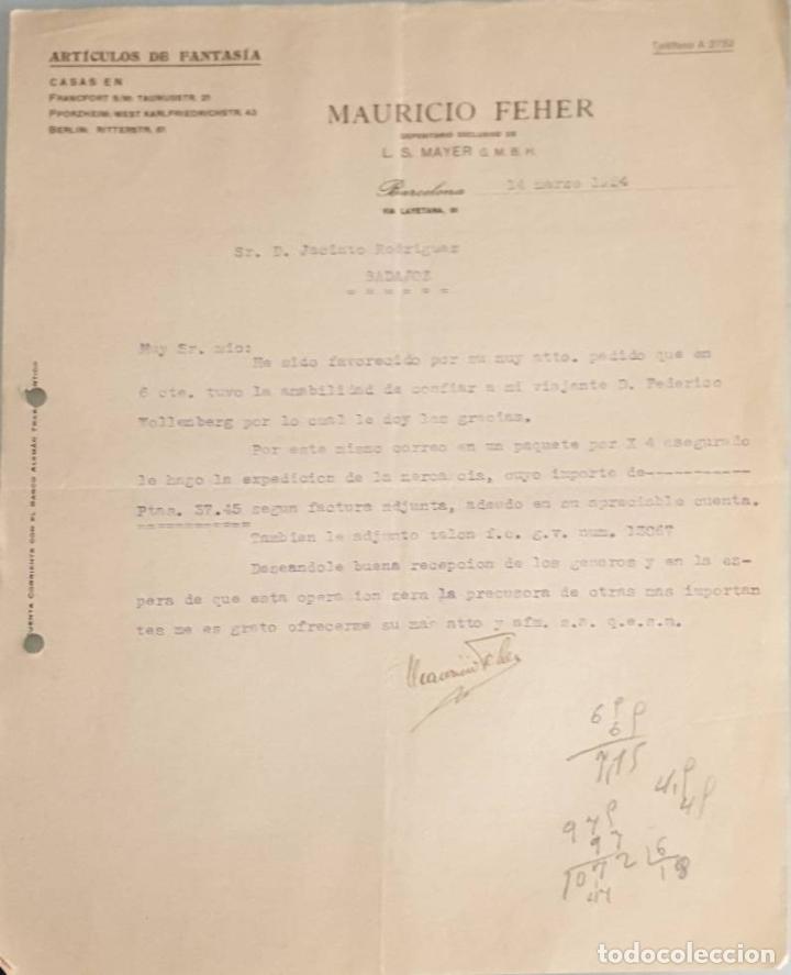 Cartas comerciales: Carta comercial. Mauricio Feher. Art&iacute;culos de fantas&iacute;a. Barcelona. Espa&ntilde;a 1924