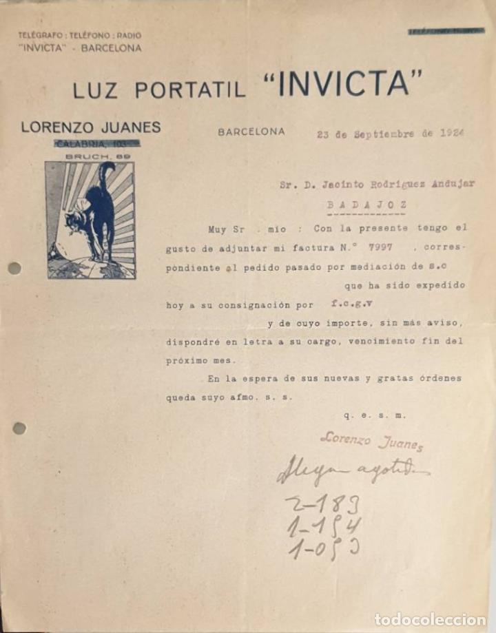 Cartas comerciales: Carta comercial. Lorenzo Juanes. Luz Portatil Invicta. Barcelona. Espa&ntilde;a 1924