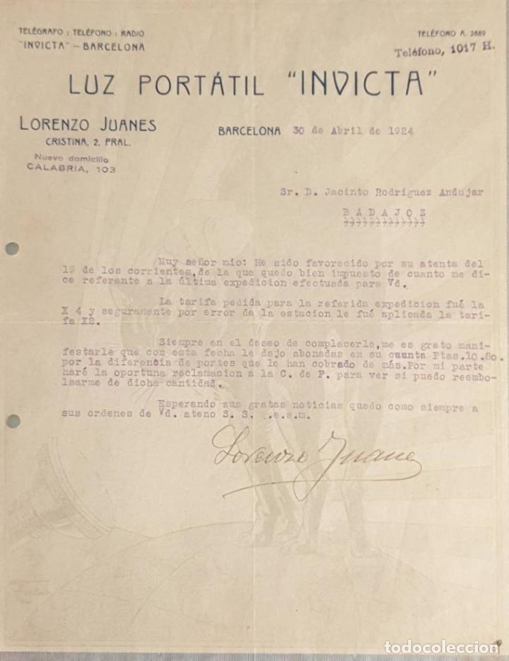 Cartas comerciales: Carta comercial. Lorenzo Juanes. Luz Portatil Invicta. Barcelona. Espa&ntilde;a 1924