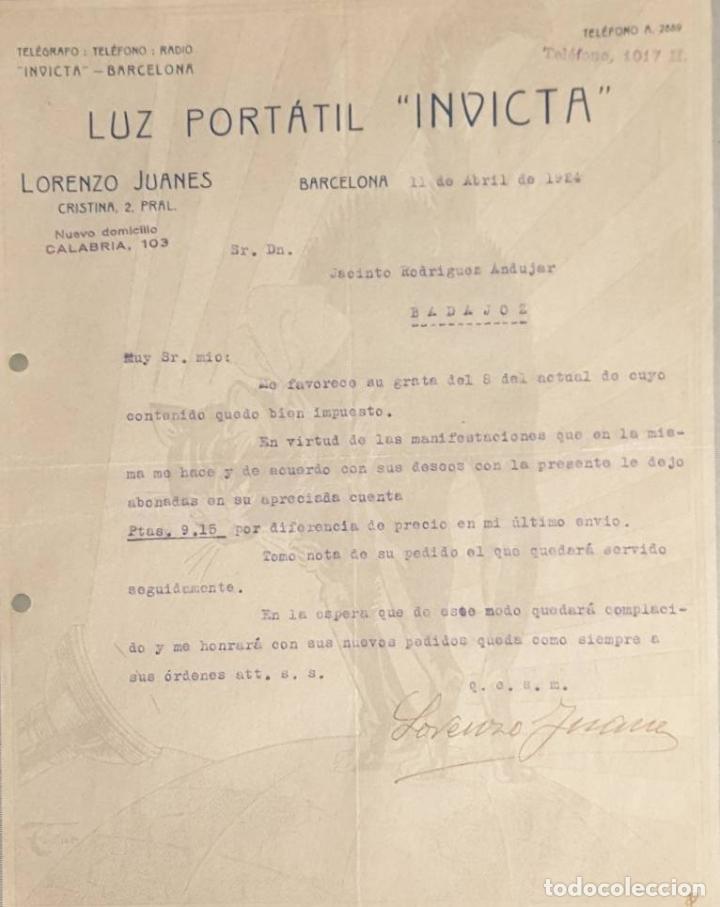 Cartas comerciales: Carta comercial. Lorenzo Juanes. Luz Portatil Invicta. Barcelona. Espa&ntilde;a 1924