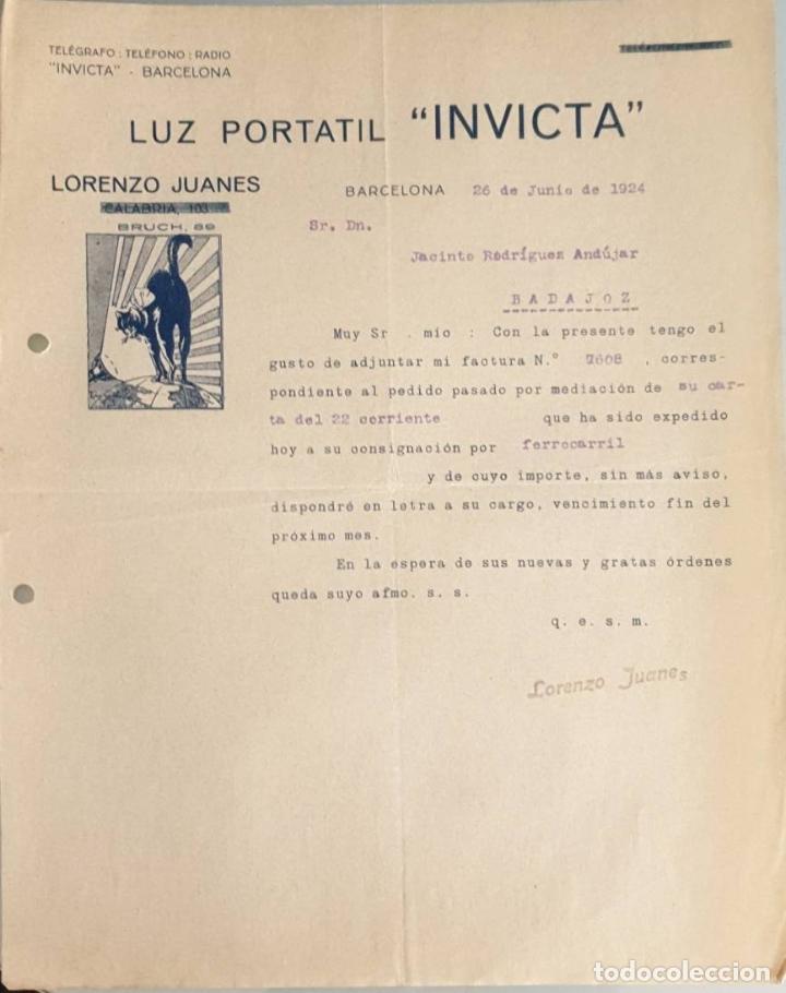 Cartas comerciales: Carta comercial. Lorenzo Juanes. Luz Portatil Invicta. Barcelona. Espa&ntilde;a 1924