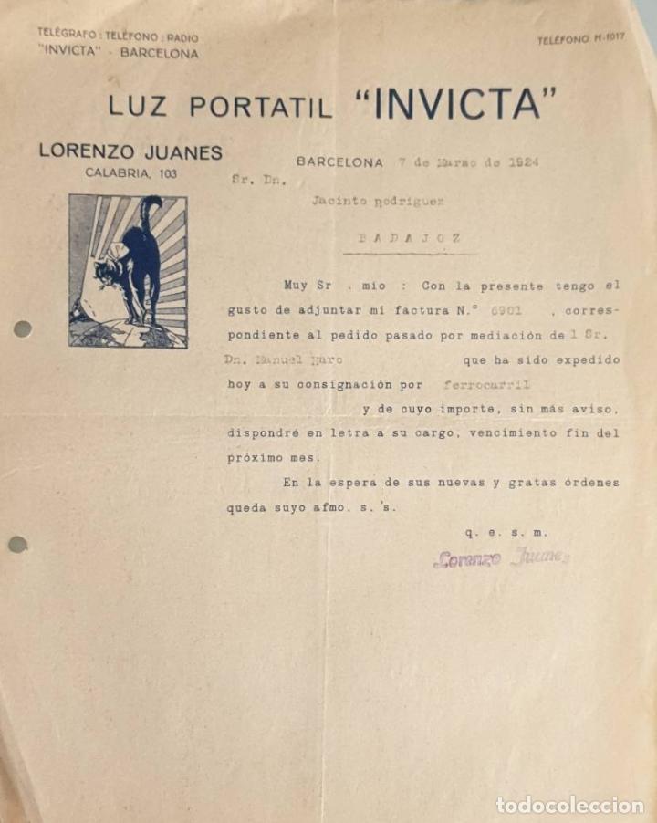 Cartas comerciales: Carta comercial. Lorenzo Juanes. Luz Portatil Invicta. Barcelona. Espa&ntilde;a 1924