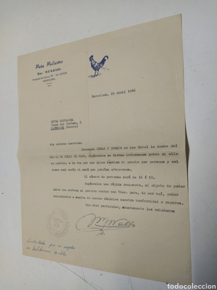 Cartas comerciales: Reserva de hotel pe&ntilde;a pollastre bar mundial , Barcelona 1966 Hotel Cartagena