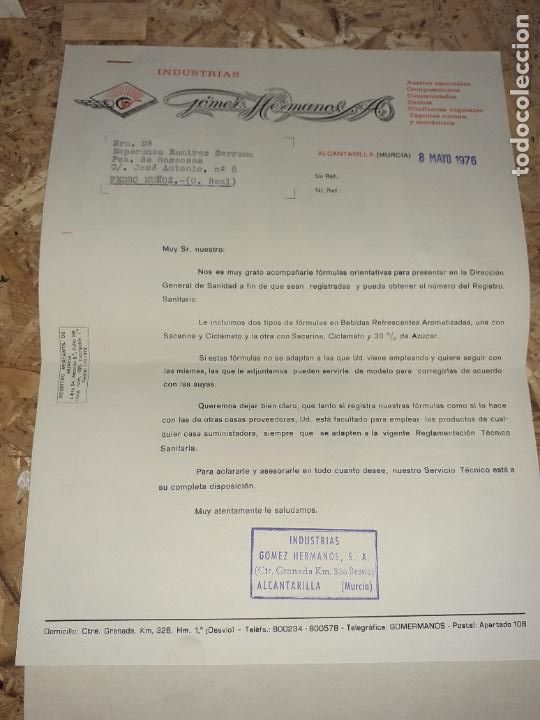 Cartas comerciales: DOCUMENTO CON F&Oacute;RMULAS PARA HACER GASEOSAS INDUSTRIAS G&Oacute;MEZ HERMANOS ALCANTARILLA MURCIA