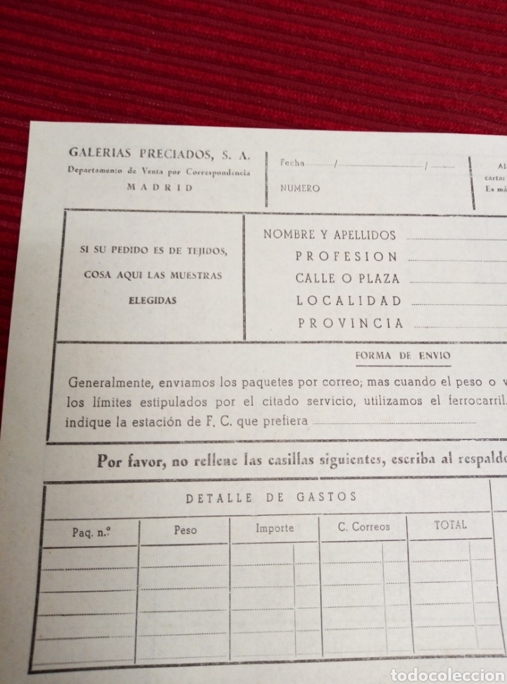 Lettres commerciales: Departamento de ventas por correspondencia Galer&iacute;as Preciados Madrid.
