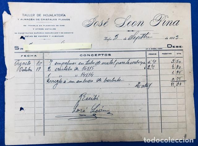 Cartas comerciales: Carta comercial J. Le&oacute;n Pina Taller de Hojalater&iacute;a . Zafra ( Badajoz ) 1923
